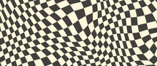 Trippy Checkerboard Background. Retro Psychedelic Checkered Wallpaper. Wavy Groovy Chessboard Surface. Distorted Geometric Pattern. Abstract Vector Backdrop