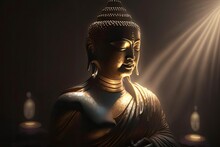 Golden Gautama Buddha Statue Illuminated By The Rays Of The Sun. Generative AI