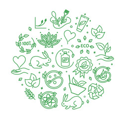 Eco icons composition. Caring for nature and environment, no animal testing. Motivational poster or banner for website. Natural and organic products, cosmetics. Cartoon flat vector illustration