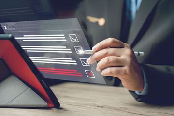 Poster - Business performance checklist concept, businessman using laptop doing online checklist survey, digital form checklist, online survey, take an assessment, questionnaire, evaluation.