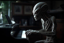 Ugly And Scary Looking Extraterrestrial Alien Playing A Piano. Ai Generated