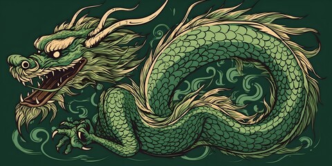 Wall Mural - Green wood dragon, generative ai illustration