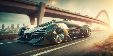 Poster - futuristic electric car, super car driving on city highway road with motion blur. distinct generativ