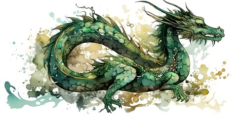 Wall Mural - Green wood dragon, generative ai illustration