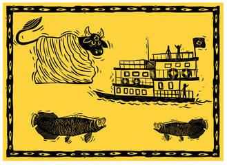 Wall Mural - Symbols of Northern Brazil. Typical Amazon wooden boat in Rio Negro, pirarucu fish and ox.