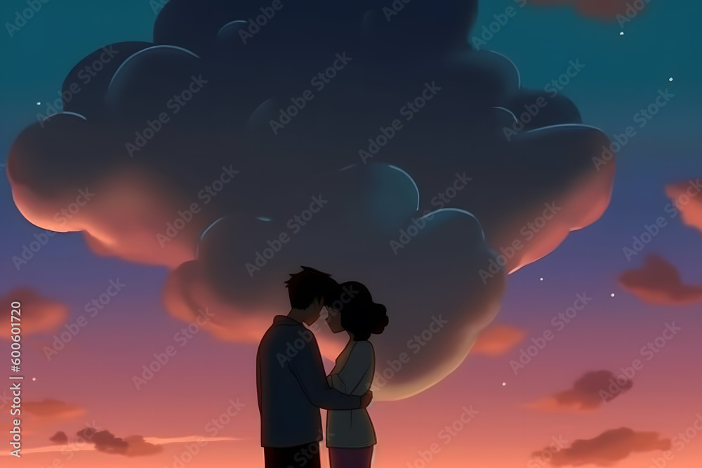 Romantic Night Under the Stars and moon Couple Shares an Intimate Kiss ...