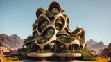 Fototapeta Las - The Hive - Sci-fi futuristic brutalist architecture style building structure with cylindrical pattern and lush vegetation façade - Generative AI Illustration