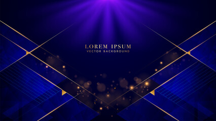 Wall Mural - blue triangle elegant shine with slant golden lines, rays sparkle glowing effect and bokeh elements.