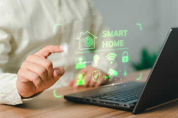 Poster - Iot or Internet of Things of smart home automation app concept. Adult man controlling technology AI smart home devices using a laptop computer with launched application in the bed room.