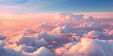 Beautiful Pastel Cloudscape. Fluffy Clouds In The Sky. Horizon From A Plane. Weather And Overcast Dawn.	