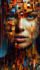 Wall Mural - Abstract portrait of a woman. Splashes of paint and geometric pixels on a girls face. 