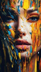 Wall Mural - Abstract portrait of a woman. Splashes of paint and geometric pixels on a girls face. 