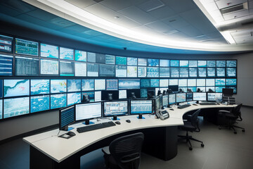 Poster - modern security control room with multiple displays , generative ai