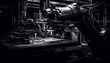 Robotic arm turns steel on lathe in futuristic metal industry generated by AI