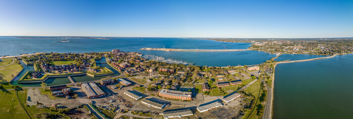 Canvas Print - Aerial view of Fort Monroe star shaped military fort protecting Norfolk surrounded with a water filled moat