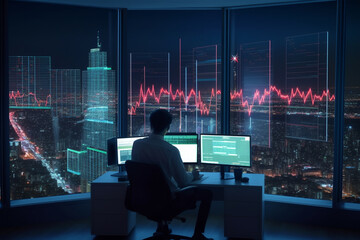 Wall Mural - Business, finance and occupation concept. Man doing analysis behind multiple screens showing charts and statistics. Stock, crypto, forex, financial market research. Cityscape at night in background