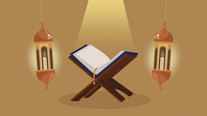 Wall Mural - koran in wooden stand with lamps animation