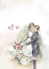 Wedding dance of the bride and groom, celebration, ceremony, watercolor. Hand-drawn couple of people at a celebration, wedding, holiday. Watercolor Greeting card with a wedding day or wedding