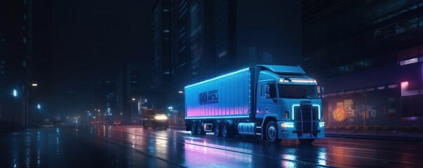 Truck with cargo driving on the road at night with neon lights and cityscape motion blur background. Generative AI