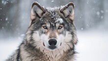 Close-up Of Wolf With Snow On Face In The Winter