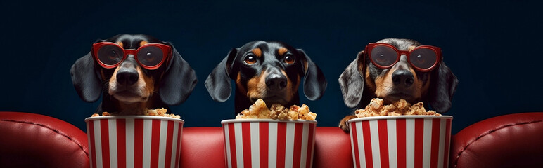 Wall Mural - Generative Ai image of cute dachshunds watching a movie