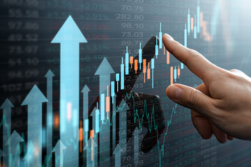Aufkleber - Increasing in stock prices. Stock market data. Analyst pointing candlestick chart. Many up arrows.