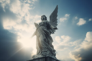 Culture and religion concept. Angel ancient statue in cloudy sky background. Dramatic sky with sunlight illuminating statue. Generative AI