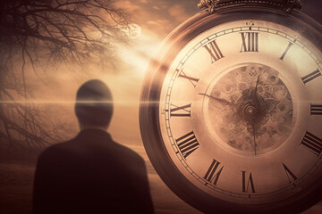 abstract concept of time passing by. human silhouette and old clock representing past time. turn bac