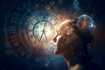 Wall Mural - Abstract concept of time passing by. Human silhouette and old clock representing past time. Turn back time concept. Melancholic mood. Generative AI