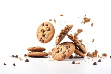 Tasty chocolate chip cookies falling isolated on white background, generate ai