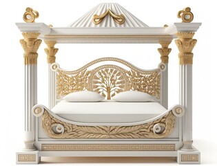 Luxury classic greek bed isolated on white background. Generative ai royal bed in white and gold