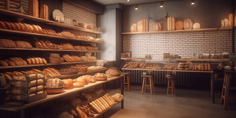 Eco-friendly bakery store with wooden wall, parquet floor, variety of bread, bun, snack on shelf for healthy shopping lifestyle, interior design decoration background with generative AI technology