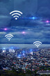 Connection, night and overlay landscape of the city with internet web access and network. Digital, dark sky and s town with cyber accessibility, connectivity and icon in the evening for networking