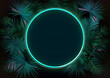 Enchanting Glow Fluorescent Light Unveiling Tropical Leaves in a Circle-shaped Neon Frame, Generative AI