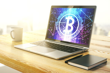 Poster - Creative Bitcoin concept on modern computer monitor. 3D Rendering