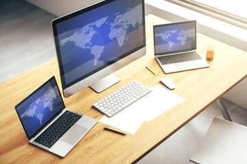 Poster - Modern computer monitor with abstract digital world map, research and strategy concept. 3D Rendering