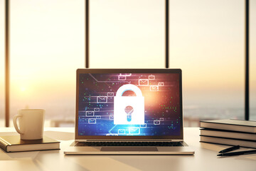 Poster - Modern computer monitor with creative lock hologram and email symbols. Information security concept. 3D Rendering