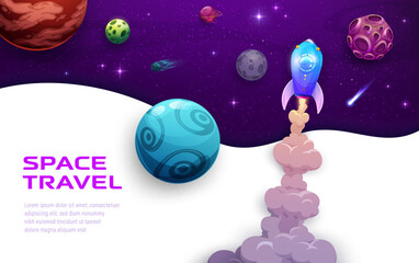 Poster - Space landing page. Fast start rocket launch and space landscape vector background for astronomy science project and business startup website template. Galaxy planets, rocketchip, star and asteroids