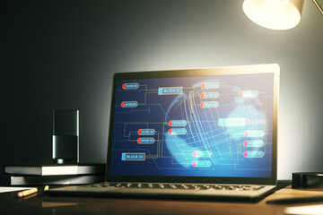 Fototapete - Computer monitor with abstract creative programming illustration and world map, big data and blockchain concept. 3D Rendering