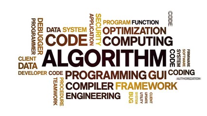 Algorithm animated tag word cloud;text design animation kinetic typography seamless loop.