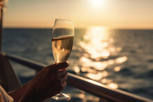 Luxury Cruise Ship Travel Champagne Glass In Woman's Hand On Balcony Deck With Ocean Sunset Or Sunrise View On Vacation On A Yacht Boat. Drinks In On A Cruise Holiday Destination. Generative AI