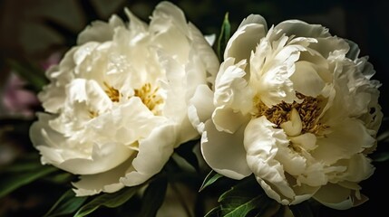  two white peonies with green leaves in a vase.  generative ai