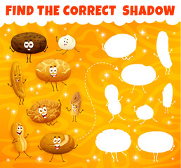 Poster - Find the correct shadow. Cartoon bakery, pastry and bread characters. Similarity search quiz, shadow match game vector worksheet with barmbrack, crunch and injera, marraqueta, loaf bread personages