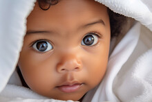 Close Up Shot Of Cute Baby, Of African Ethnicity, With Head Covered By A White Blanket.  Generative AI.