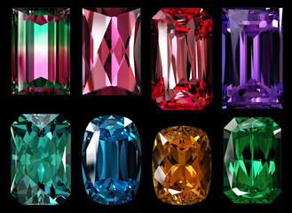 Wall Mural - Various colorful gemstones isolated on black background. 3d rendering