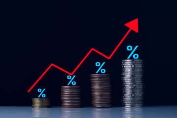 Wall Mural - Interest rate and dividend concept. Businessman with percentage symbol and up arrow, Interest rates continue to increase, return on stocks and mutual funds, long term investment for retirement.