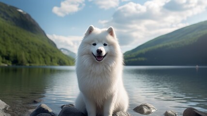 Wall Mural - Samoyed Serenity: A Calm Dog by the Lake