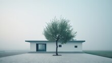  A Lone Tree In Front Of A White House On A Foggy Day.  Generative Ai