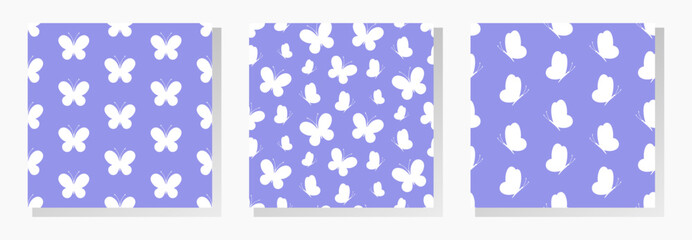 Wall Mural - White butterflies on blue background. Vector seamless patterns collection. Best for textile, print, wallpapers, and wedding decoration.