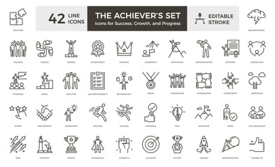 The achiever's set. Icons for success, growth and progress. 42 editable thin line stroke icons. Graphic elements for your business